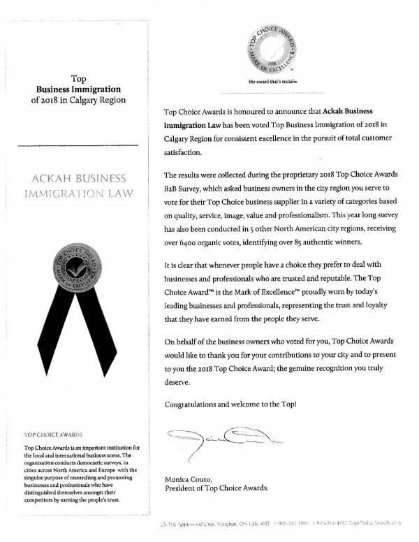 Ackah Law Top Choice Awards Letter